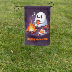 Happy Halloween with ghost drinking coffee Garden Flag