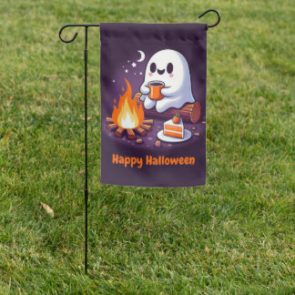 Happy Halloween with ghost drinking coffee  Garden Flag