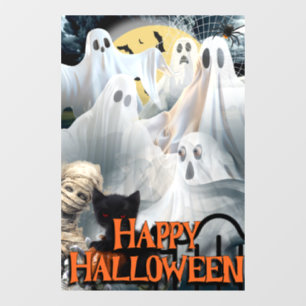 Happy Halloween with Ghosts, Mummy, and Black Ca Window Cling