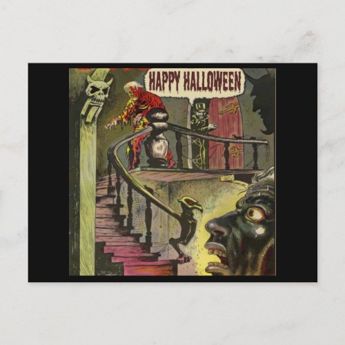 Happy Halloween with haunted house and ghost Postcard