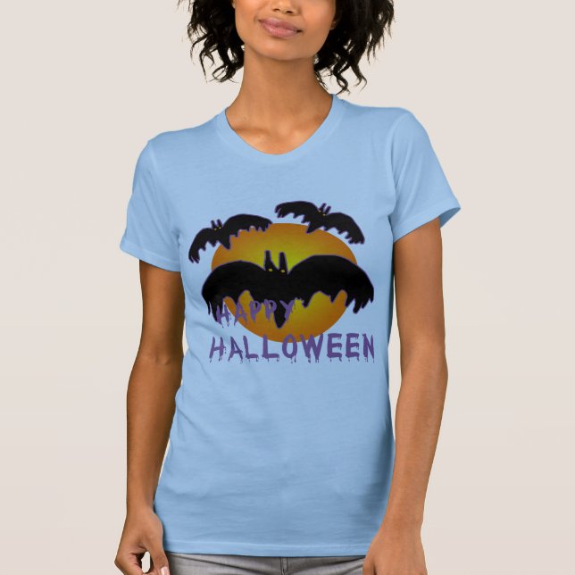 Happy Halloween with Moon and Bats T-Shirt (Front)