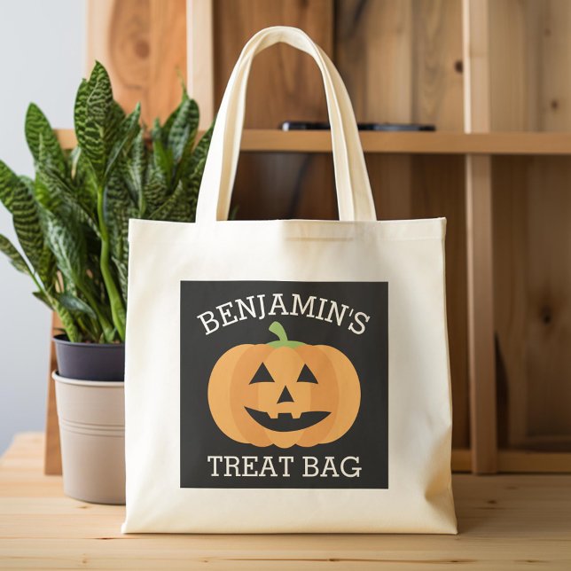 Happy Halloween with Name Cute Pumpkin Treat Tote Bag (Custom Tote Bag)