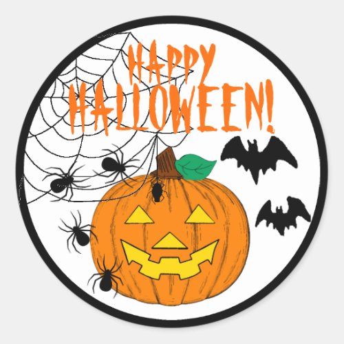 Happy Halloween With Pumpkin Spiders and Bats Classic Round Sticker