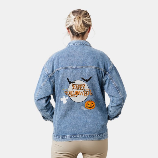 Happy Halloween with pumpkins, bats and ghost  Denim Jacket (Model)