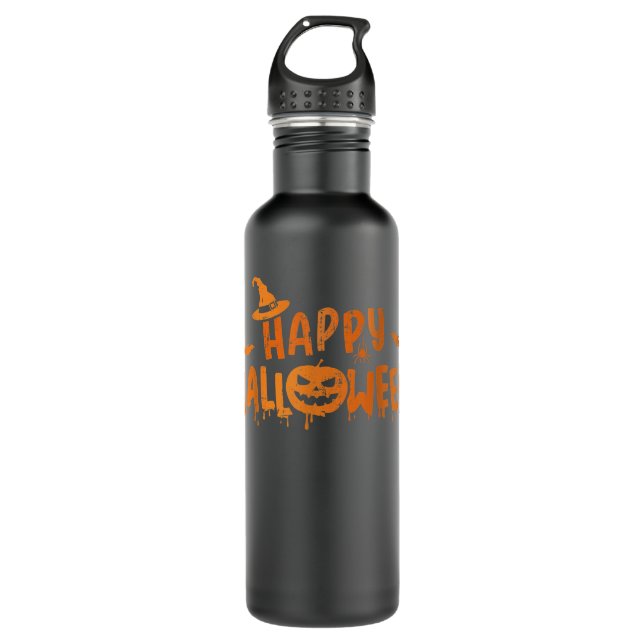 Happy halloween with scary pumpkin face and witch  stainless steel water bottle (Front)