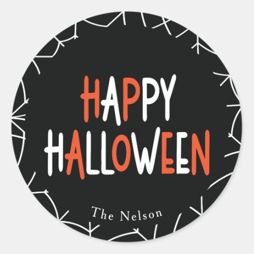 Happy Halloween with Spider Web in Black  Orange Classic Round Sticker