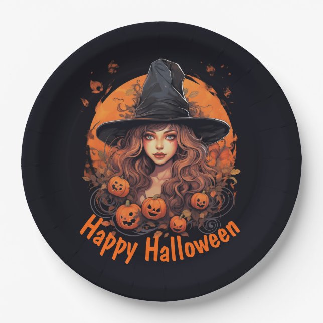 Happy Halloween with Witch and Pumpkins Paper Plates (Front)