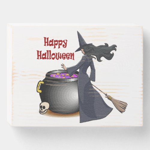 Happy Halloween with Young Witch at Cauldron ZSSP Wooden Box Sign