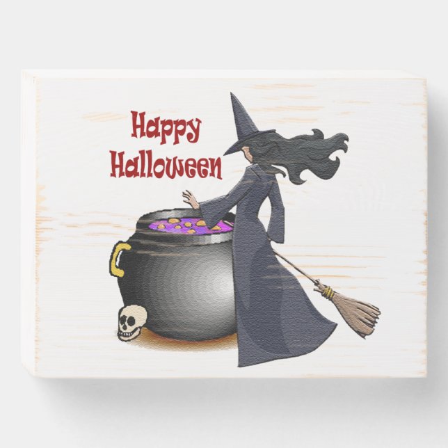 Happy Halloween with Young Witch at Cauldron, ZSSP Wooden Box Sign (Front Horizontal)