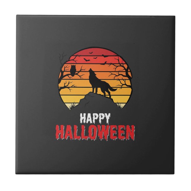 Happy Halloween Wolf Sunset Vector Ceramic Tile (Front)