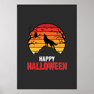 Happy Halloween Wolf Sunset Vector Poster