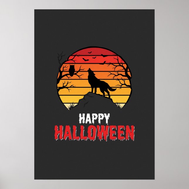 Happy Halloween Wolf Sunset Vector Poster (Front)