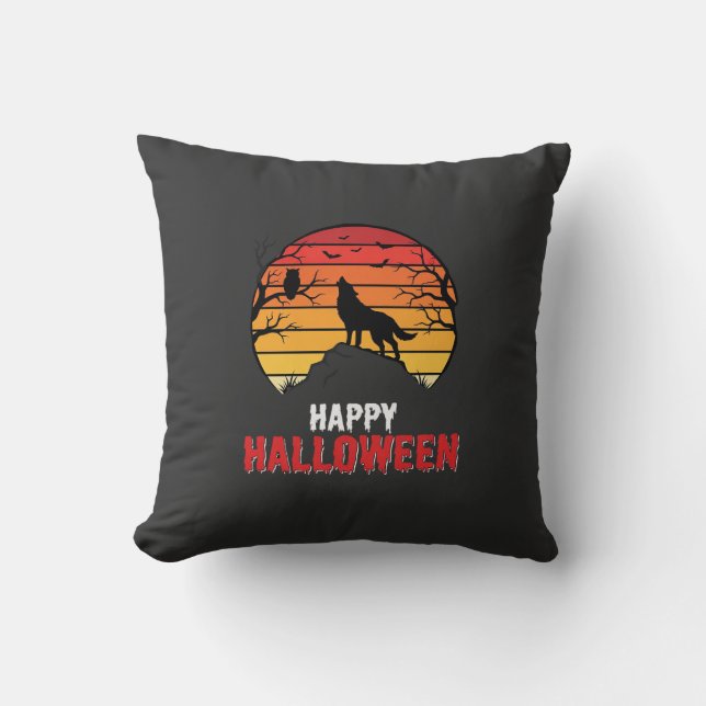 Happy Halloween Wolf Sunset Vector Throw Pillow (Front)