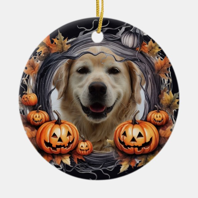 Happy Halloween Wreath With Pumpkins Custom Photo Ceramic Ornament (Front)
