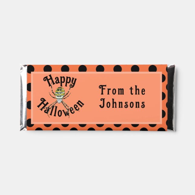 Happy Halloween yellow spider custom name Hershey Bar Favors (Front)