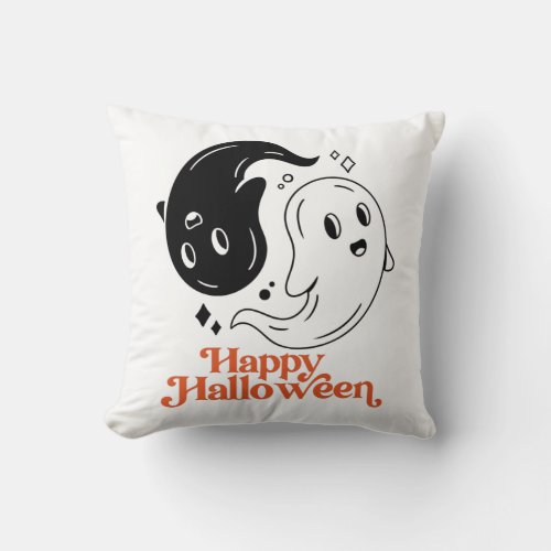 Happy Halloween Yin and Yang Black and White Ghost Throw Pillow