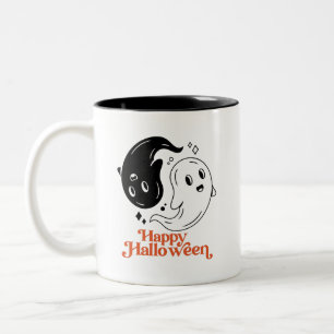 Happy Halloween Yin and Yang Black and White Ghost Two-Tone Coffee Mug