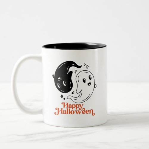 Happy Halloween Yin and Yang Black and White Ghost Two_Tone Coffee Mug