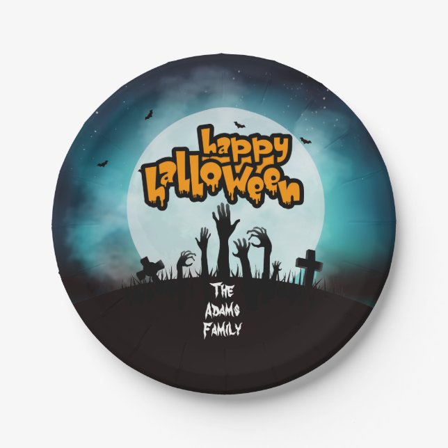 Happy Halloween Zombie Graveyard Party Paper Plates (Front)