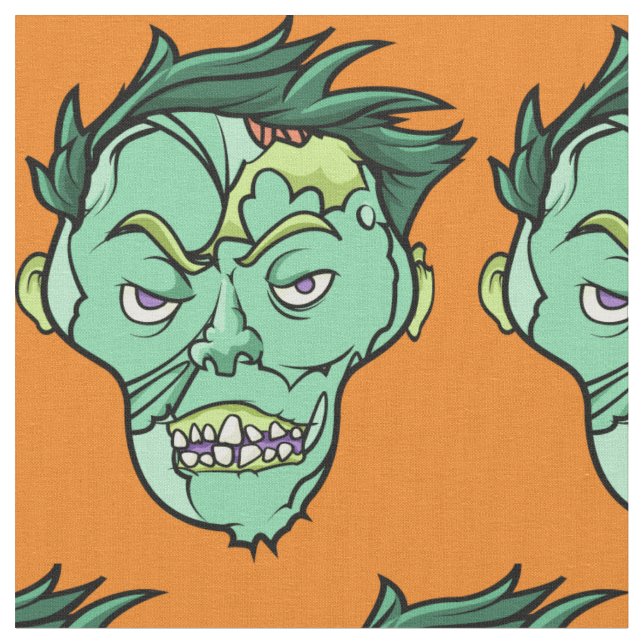 Happy Halloween Zombie Pattern Green Orange Fabric (Close Up)