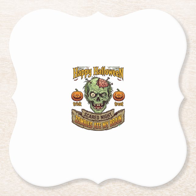 Happy Halloween Zombies Ate Brain Zombie Head Pump Paper Coaster (Front)