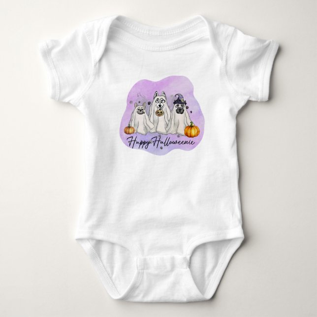 Happy Halloweenie - 3 Dogs Dressed as Ghosts Baby Bodysuit (Front)