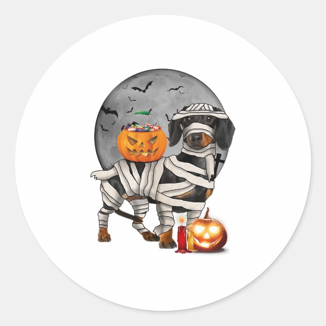 Happy Halloweenie Dachshund Mummy Dog  Classic Round Sticker (Front)