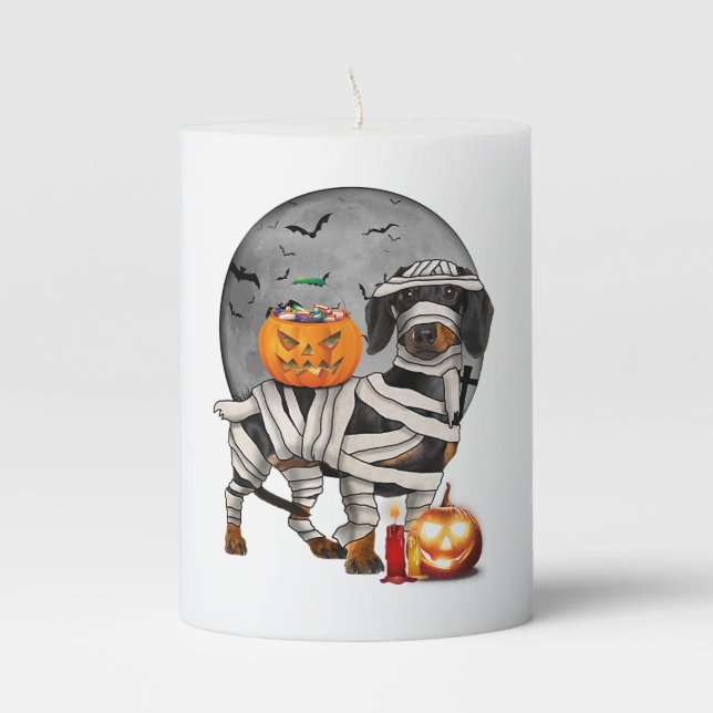 Happy Halloweenie Dachshund Mummy Dog  Pillar Candle (Front)