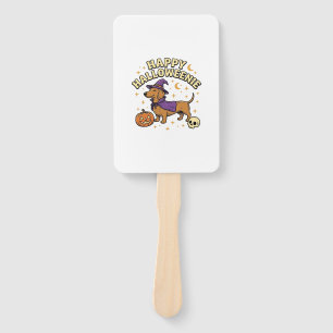 Happy Halloweenie Dachshund Witch Dog T-Shirt_1 Hand Fan