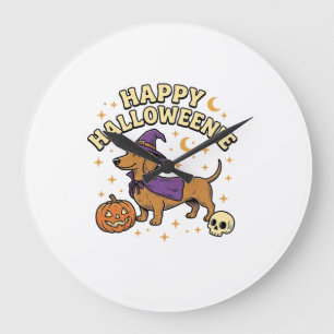 Happy Halloweenie Dachshund Witch Dog T-Shirt_1 Large Clock