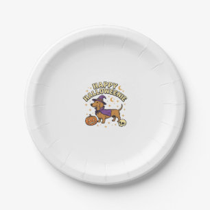 Happy Halloweenie Dachshund Witch Dog T-Shirt_1 Paper Plates