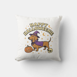 Happy Halloweenie Dachshund Witch Dog T-Shirt_1 Throw Pillow