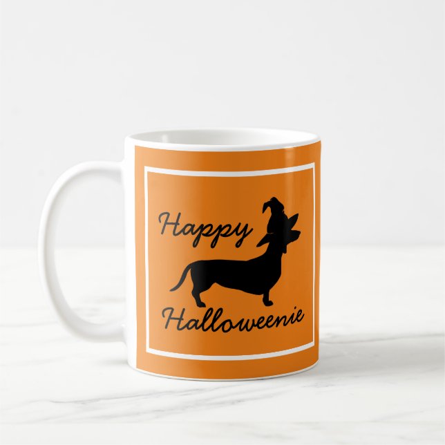 Happy Halloweenie Halloween Witch Hat Dachshund Coffee Mug (Left)