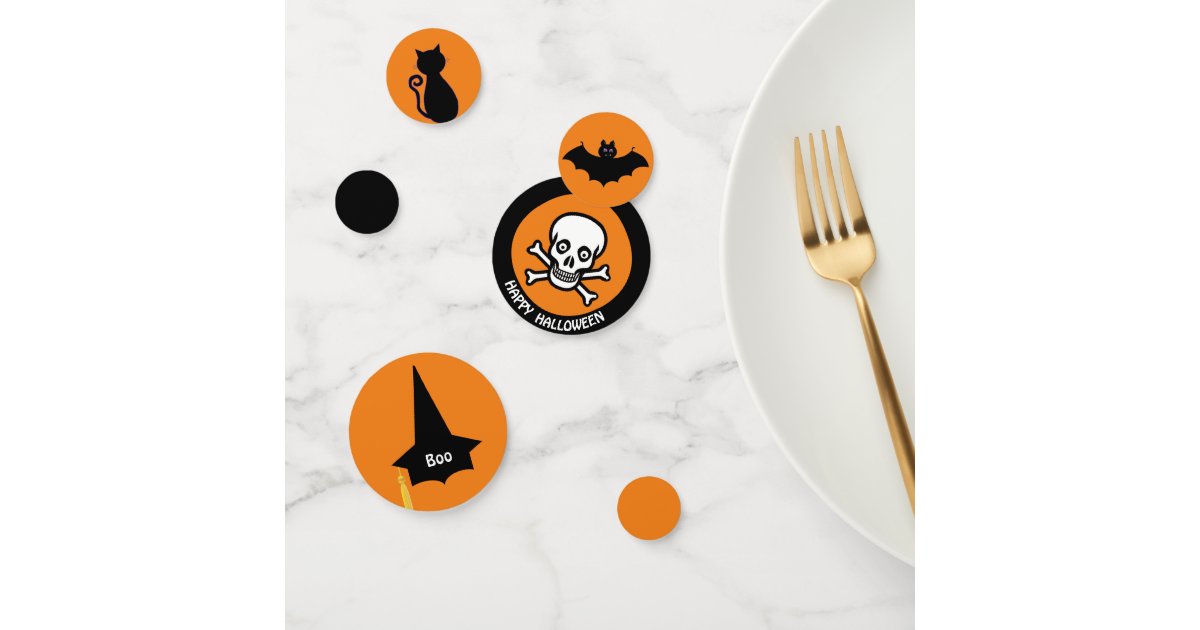 Happy Hallowen Skull Black Cat Witch Hat Bat Confetti Zazzle Com
