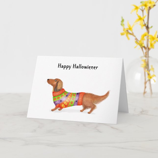 Happy Hallowiener dachshund Halloween card (Yellow Flower)
