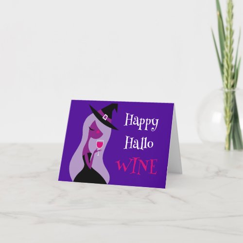 Happy Hallowine Cute Witch Wine Purple Pink Card