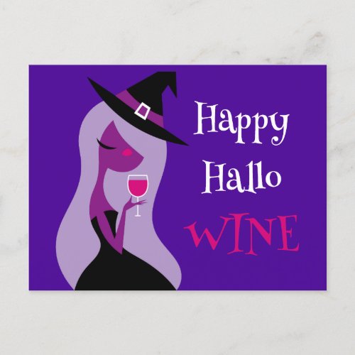 Happy Hallowine Cute Witch Wine Purple Pink Holiday Postcard
