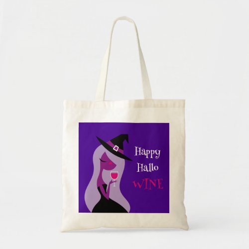 Happy Hallowine Cute Witch Wine Purple Pink Tote Bag