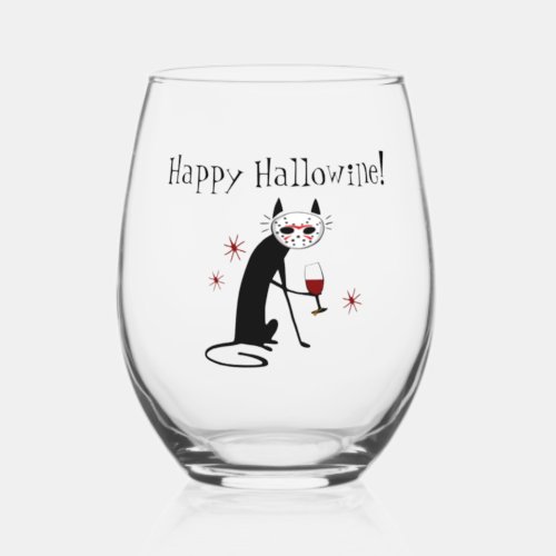Happy Hallowine Halloween Wine Pun Stemless Wine Glass