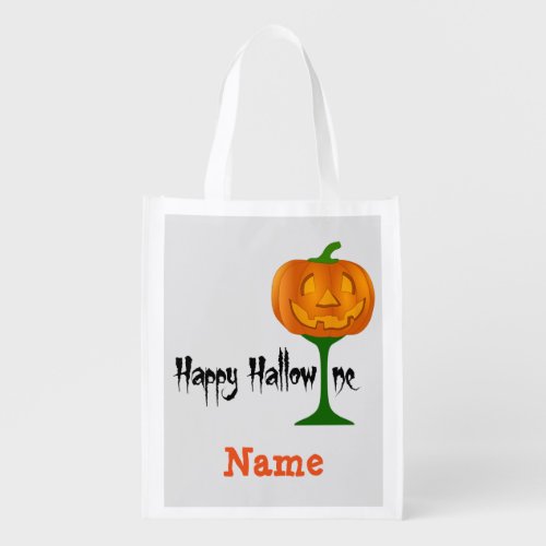 Happy Hallowine Pumpkin Wine Glass Halloween Name Grocery Bag