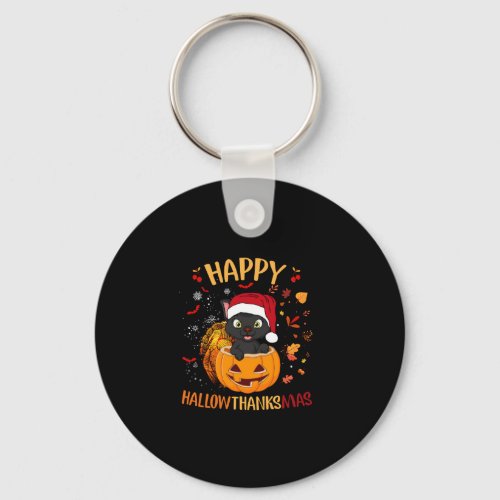 Happy HallowThanksMas Black Cat Santa Hat Holiday  Keychain