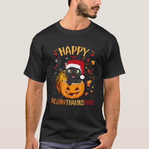 Happy HallowThanksMas Black Cat Santa Hat Holiday  T_Shirt