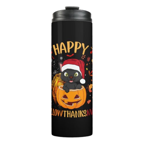 Happy HallowThanksMas Black Cat Santa Hat Holiday  Thermal Tumbler