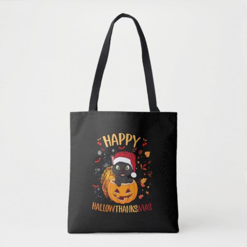 Happy HallowThanksMas Black Cat Santa Hat Holiday  Tote Bag