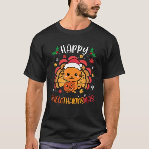 Happy Hallowthanksmas Ca Cute Kitten Turkey Satan  T_Shirt