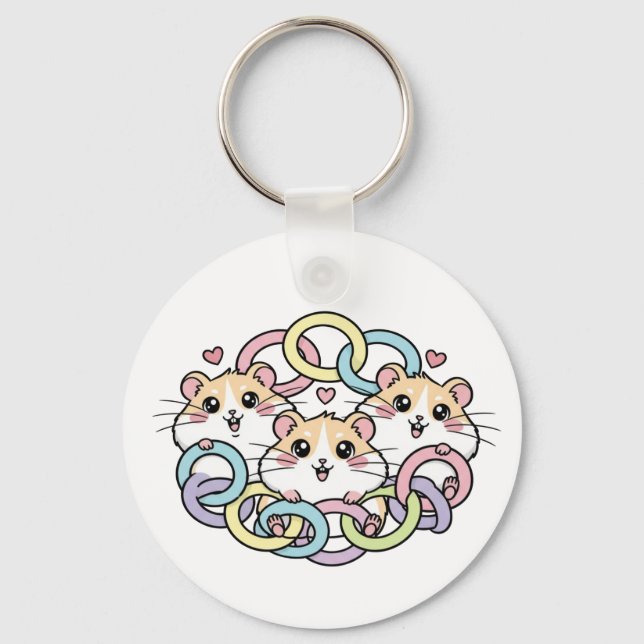 Happy Hamsters in Pastel Rings Keychain (Front)