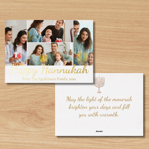 happy hannukah , 4 photos collage stylish gold foil holiday card