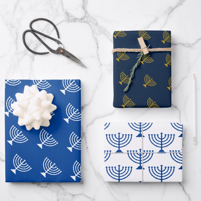 Happy Hannukah blue candle holder pattern Wrapping Paper Sheets (Front)