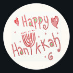 Happy Hannukah Classic Round Sticker<br><div class="desc">This fanciful Happy Hannukah design features a menorah in place of the “U” in the word, Hannukah. This spelling has become the most widely acceptable spelling in English so even if you usually spell it Hanuka or Chanukah, you cannot go wrong with this one. The red color makes it cheery...</div>