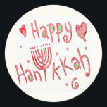 Happy Hannukah Classic Round Sticker<br><div class="desc">This fanciful Happy Hannukah design features a menorah in place of the “U” in the word, Hannukah. This spelling has become the most widely acceptable spelling in English so even if you usually spell it Hanuka or Chanukah, you cannot go wrong with this one. The red color makes it cheery...</div>